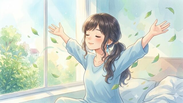 朝日を浴びて、自律神経を整えている葵。