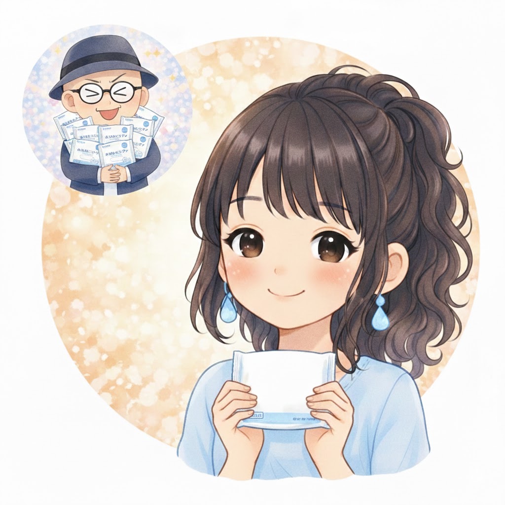 左上に、買占めをしている静（悪い例）と、右下に必要な分だけ買っている葵（良い例）。