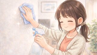 ピリカレスプレーをシュッシュッしながら、掃除する葵