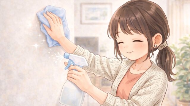 ピリカレスプレーをシュッシュッしながら、掃除する葵