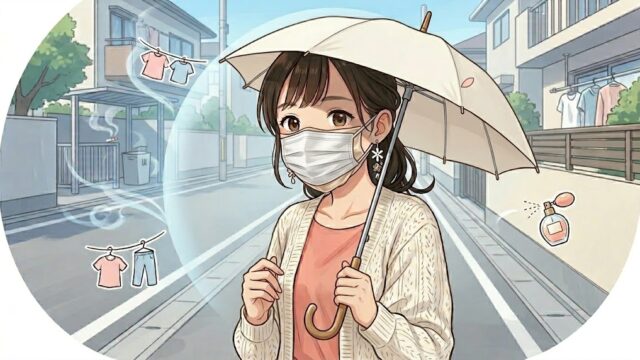 散歩をするときに、二重のマスクと日傘が手放せない葵