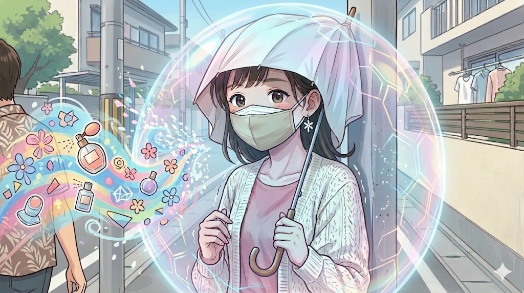 狭い道で香料の強い方とすれ違わなければならない時、そのまま日傘を広げていると相手に当たる危険があるため、私は傘をさっと「しぼめて」その中に顔だけ入っている状態で持っています。