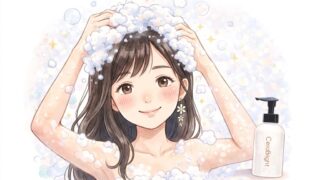 愛用のセラブライトシャンプーでシャンプーしている様子、無香料で嬉しそうな葵