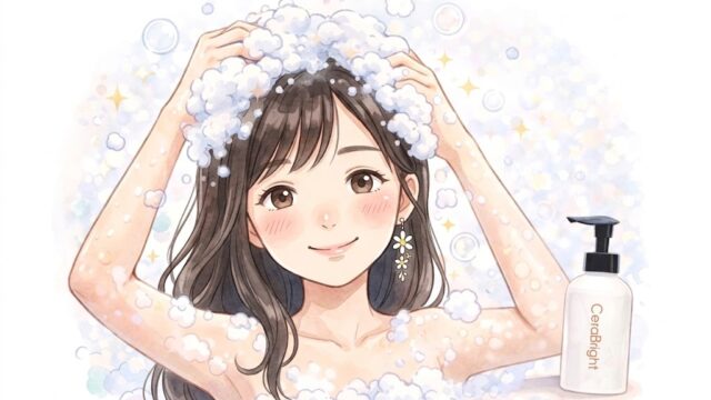 愛用のセラブライトシャンプーでシャンプーしている様子、無香料で嬉しそうな葵