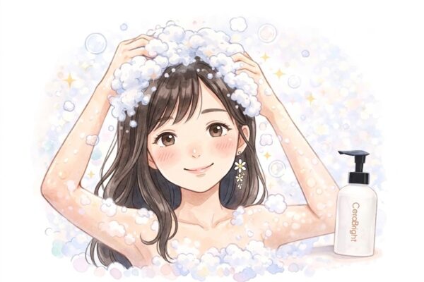 愛用のセラブライトシャンプーでシャンプーしている様子、無香料で嬉しそうな葵