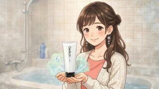 愛用中のトリートメントの紹介をしている葵