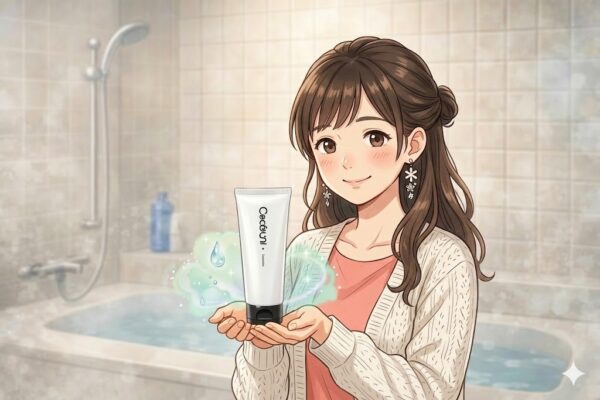 愛用中のトリートメントの紹介をしている葵