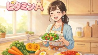 ビタミンAの食材をたくさんキッチンに並べている葵