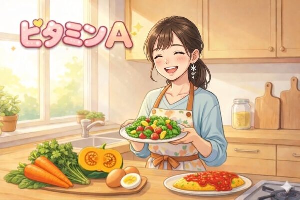 ビタミンAの食材をたくさんキッチンに並べている葵