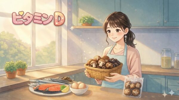 ビタミンDの食材をキッチンにたくさん置いている葵