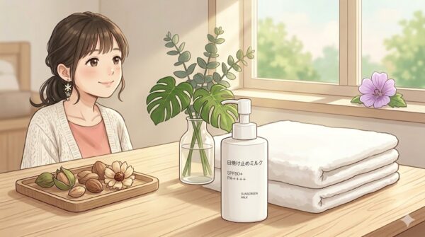 無印良品の日焼け止めミルクを塗って、日向ぼっこしている葵