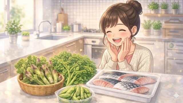 春の旬の食材をキッチンにたくさん並べている葵