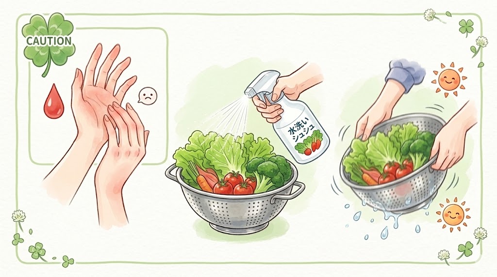 水洗いシュシュを噴霧した後、そのまま素手で野菜を洗っていたら、少し手が荒れてしまった。 
そこで、
・「ざる」を活用する： 野菜をざるに入れ、そこに吹きかける。
・直接触れない： ざるを揺すりながら洗い流すようにする。
こうすることで、手肌を守りながら、野菜だけをピカピカにすることができる。