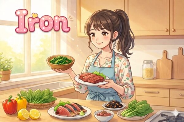 鉄分豊富な食材をキッチンにたくさん並べている葵