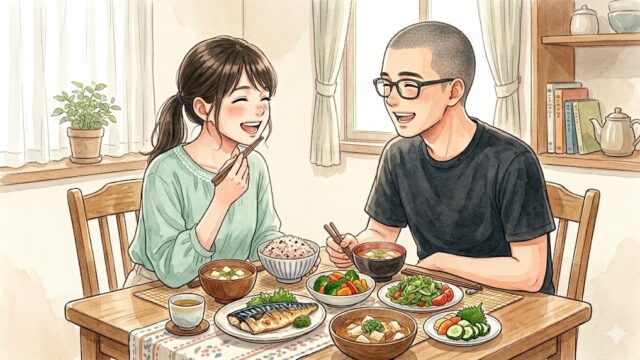 葵と静が楽しそうに食事をする