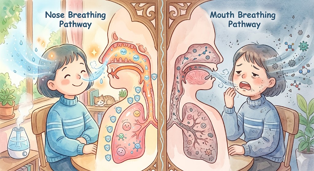 鼻呼吸をすると、吸い込んだ空気が鼻腔を通り、そこで適度な「加湿」と「加温」が行われます。
これが、気道や肺の粘膜を乾燥から守り、ウイルスや化学物質に対するバリア機能を正常に保つために不可欠なんです。
口呼吸の場合、粘膜が乾燥し、余計に化学物質への感受性を高めてしまうこともあります。