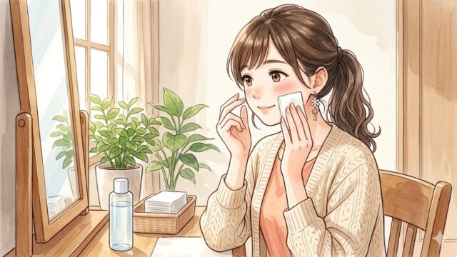 資生堂 ビューティーアップコットンGでふき取り化粧水をしている葵。