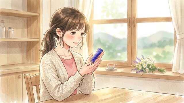 セラキュア リップエッセンスバームを手であっためている葵