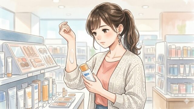 ドラックストアで日焼け止めのテストをする葵