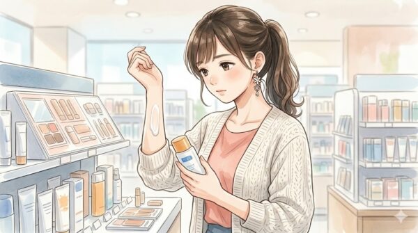 ドラックストアで日焼け止めのテストをする葵