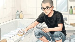 風呂掃除をする静