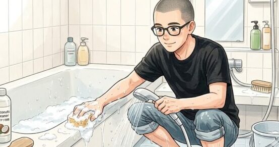 風呂掃除をする静