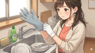綿手袋の上にビニール手袋を付けて洗い物をしようとする葵