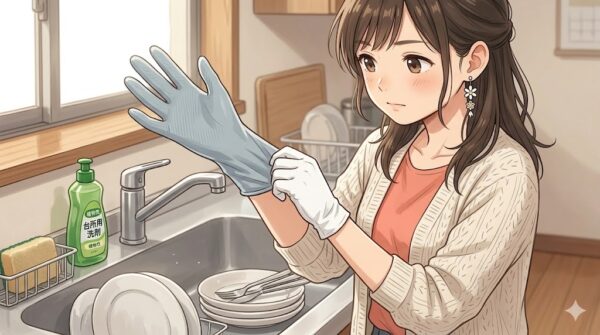 綿手袋の上にビニール手袋を付けて洗い物をしようとする葵