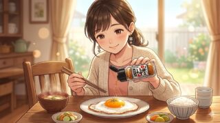 目玉焼きに四十七味をかけて食べる葵