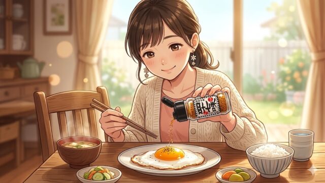 目玉焼きに四十七味をかけて食べる葵