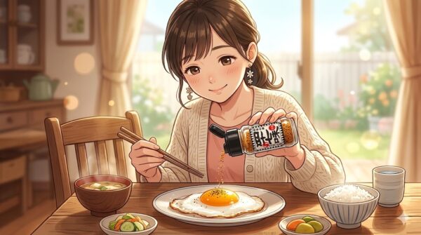 目玉焼きに四十七味をかけて食べる葵