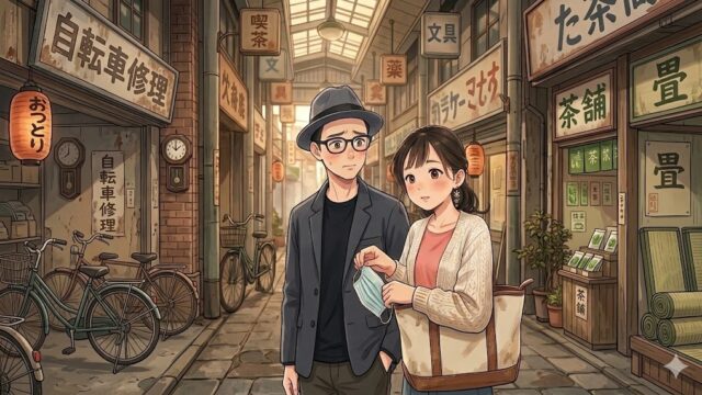 古い商店街を歩いていたら、なんとなくずっとタバコ臭いので、マスクをする葵