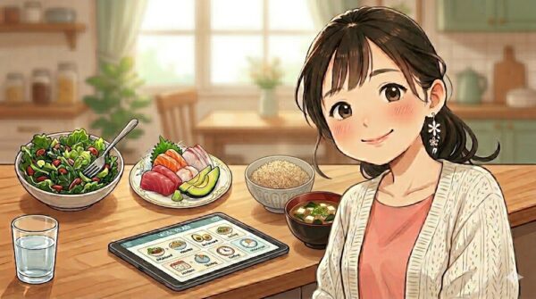 血糖値スパイクを防ぐために、野菜や、たんぱく質を先に食べる葵