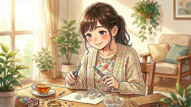 イヤリングのパーツ交換に挑戦している葵