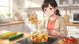 マギーコンソメを使って、具沢山スープを作る葵。