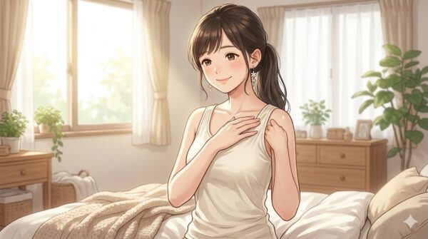 愛用中のシルク１００％のタンクトップの触り心地に満足している葵