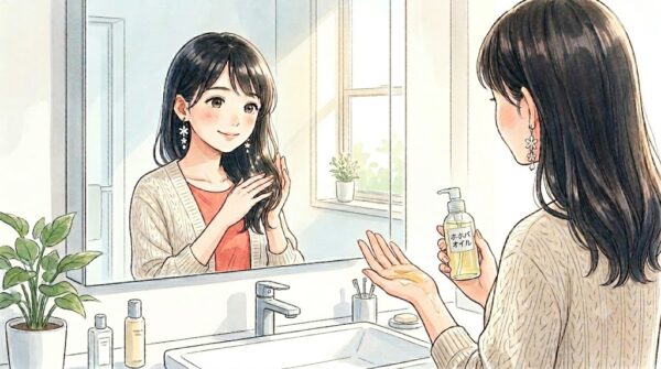 ホホバオイルを使って、ヘアセットをする葵
