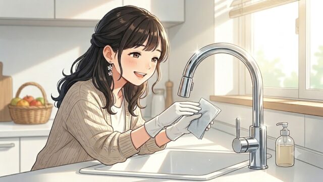 無印良品の水回りお掃除シートで、水栓をピカピカに掃除する葵。
