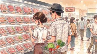 抗生物質やホルモン剤を使った、安価な輸入肉を避けるために、国産のお肉を選ぶ葵と静。