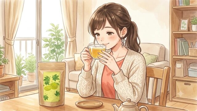 家でゆっくり甜茶を楽しむ葵