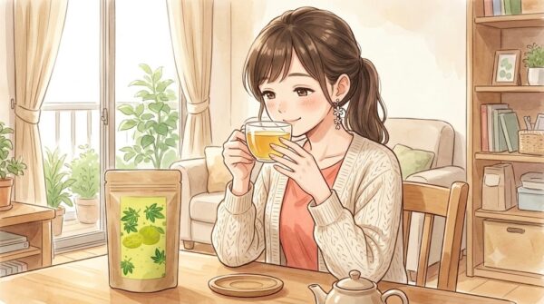 家でゆっくり甜茶を楽しむ葵