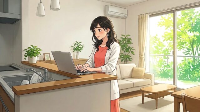 座り過ぎを防止するために、立ってパソコンをする葵。