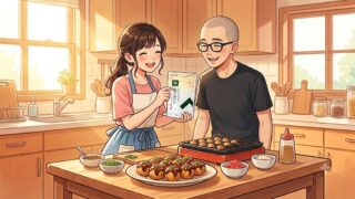 あごだしを使って、タコ焼きを作る葵や静。