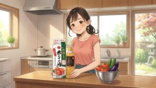 愛用中の「日の出 稲美町産純米本みりん」と「日の出 料理専用米だけの酒」で料理をしようとする葵。
