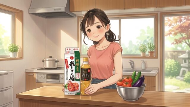 愛用中の「日の出 稲美町産純米本みりん」と「日の出 料理専用米だけの酒」で料理をしようとする葵。