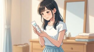 お気に入りのベースである、キュレルのファンデ負担防止ベースを大事に持つ葵。