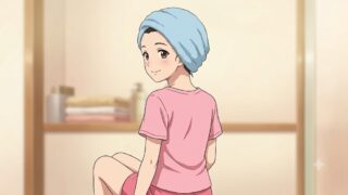 無印良品ののびのびターバンタオルを、お風呂上りに付ける葵。