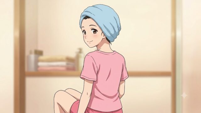 無印良品ののびのびターバンタオルを、お風呂上りに付ける葵。
