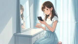 無印良品のＵＶプレストパウダーと、NARSのミニリフ粉を使ってメイクしようとする葵。