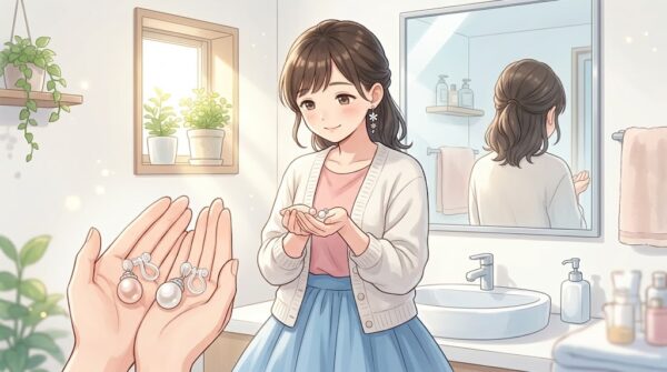真珠缶から取り出した真珠で、自分で作ったイヤリングを大事に持っている葵。